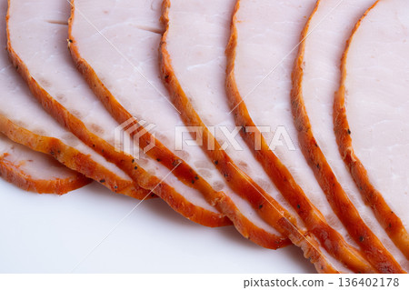 Healthy meal preparation. Lean roast ready for meal prep. Uniformly sliced lean meat for healthy eating. Prepared lean roast slices designed for nutritious meal planning 136402178