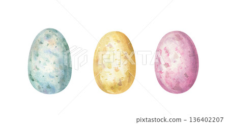 Easter colored eggs clip art watercolor illustration on isolated background. Pink, yellow, pink speckled bird egg clip art. Traditional spring holiday symbol. Decorative elements for greeting cards. 136402207