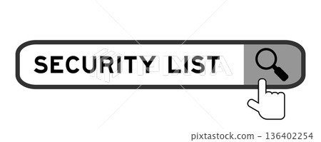 Search banner in word security list with hand over magnifier icon on white background Search banner in word security list with hand over magnifier icon on white background 136402254