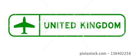 Grunge green united kingdom word with plane icon square rubber seal stamp on white background 136402258