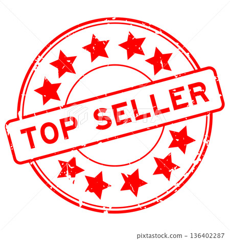 Grunge red top seller word with star icon round rubber seal stamp on white background 136402287