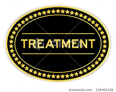 Black and gold color oval label sticker with word treatment on white background 136402288