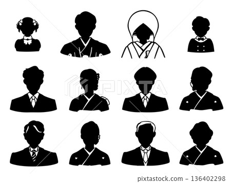 Wedding relatives Japanese and Western clothing various monochrome silhouette set 136402298