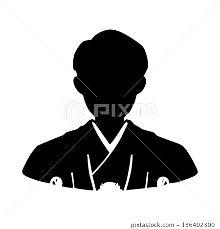 Wedding ceremony, monochrome silhouette of groom in traditional Japanese clothing with family crest Wedding ceremony, monochrome silhouette of groom in traditional Japanese clothing with family crest 136402300