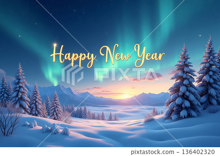 「新年快樂」 極光在雪山上空閃爍 136402320