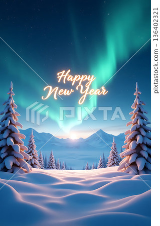 "Happy New Year" Aurora flickering above the snowy mountains ai 136402321