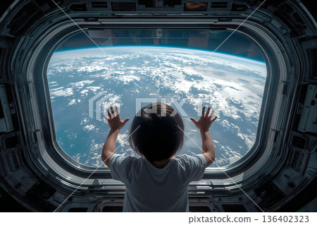 Earth seen from inside the ship, child's back gazing, space travel image ai Earth seen from inside the ship, child's back gazing, space travel image ai 136402323