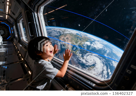 Space seen from inside the ship, children gazing, space travel image ai 136402327