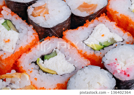 Detailed image of sushi ingredients. Highdefinition photograph emphasizing sushi details. Vivid portrait demonstrating intricate textures and distinct ingredients of sushi Detailed image of sushi ingredients. Highdefinition photograph emphasizing sushi details. Vivid portrait demonstrating intricate textures and distinct ingredients of sushi 136402364
