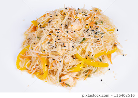 Vibrant rice vermicelli with yellow pepper and sesame, styled for social media foodshot with bright background and high contrast, shareable content for influencer posts Vibrant rice vermicelli with yellow pepper and sesame, styled for social media foodshot with bright background and high contrast, shareable content for influencer posts 136402516