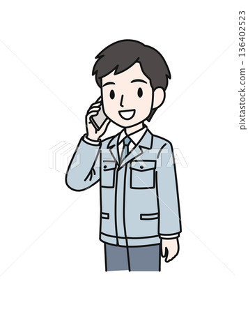 插畫素材:一名身穿工作服的技術工人正在用智慧型手機打電話。 插畫素材:一名身穿工作服的技術工人正在用智慧型手機打電話。 136402523