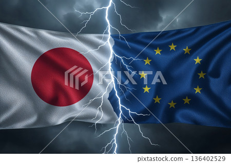一道蒼白的閃電劃破了日本國旗和歐盟國旗之間的空隙。 136402529