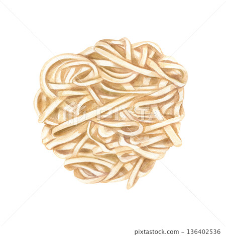 Boiled spaghetti for Italian cuisine watercolor illustration on isolated background. Top view. Pasta or noodles ingredient garnish, ramen, vermicelli soup. Ingredient for restaurant menu. 136402536