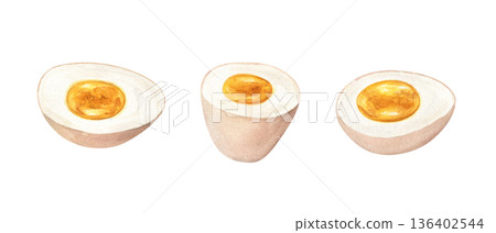Marinated soy soft boiled eggs clip art watercolor illustration on isolated background. Brownish tint of egg white. Ajitsuke Tamago or Ajitama ingredient set for ramen soup, Asian restaurant menus. 136402544