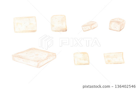 Tofu cubes watercolor illustration clip art on isolated background. White mold cheese, brie or camembert set. Asian cuisine, vegan food. For food packaging, gourmet cookbooks, menu. 136402546