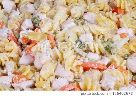 Smooth fusilli combined with fresh vegetables and tender chicken pieces. Velvety vegetableinfused pasta noodles paired with succulent chicken chunks and fresh produce Smooth fusilli combined with fresh vegetables and tender chicken pieces. Velvety vegetableinfused pasta noodles paired with succulent chicken chunks and fresh produce 136402678