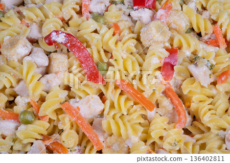 Creamy pasta meal. Prepared fusilli with vegetables. Highprotein creamy fusilli with steamed vegetables. Preportioned creamy fusilli pasta with colorful vegetable mix and peas Creamy pasta meal. Prepared fusilli with vegetables. Highprotein creamy fusilli with steamed vegetables. Preportioned creamy fusilli pasta with colorful vegetable mix and peas 136402811