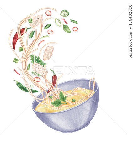 Flying boiled noodle and chopped vegetable ingredients, chicken slices in soup bowl watercolor isolated illustration. Pasta, chili pepper, green onions, meat, herbs in golden broth. Healthy food. 136402820