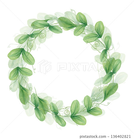 Fresh spring green pea shoots sprout watercolor wreath on isolated background. Hand drawn legume herbs, raw healthy ingredient. Circle frame for food concept, vegan recipe, organic product. 136402821