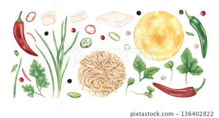 Asian cuisine ingredients set for spicy ramen soup watercolor illustration on isolated background. Fresh red and green chili pepper, tofu, herbs, broth and boiled noodles clip art for menu, blog. 136402822