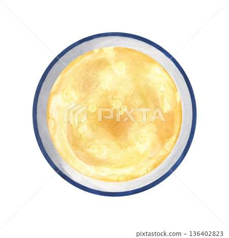 Aromatic hot broth in plate watercolor illustration on isolated background. Top view. Golden creamy broth made from chicken, beef or pork. Homemade meat bouillon in bowl, healthy food for menu. 136402823