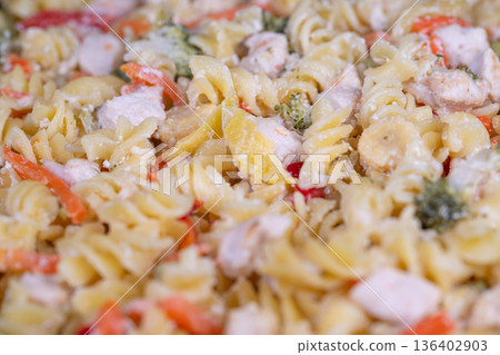 Nutritious chicken and veggie pasta. Wholesome pasta salad with lean proteins and vegetables. Vibrant vegetable and lean chicken pasta salad with creamy dressing Nutritious chicken and veggie pasta. Wholesome pasta salad with lean proteins and vegetables. Vibrant vegetable and lean chicken pasta salad with creamy dressing 136402903