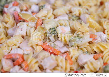 Healthy lunch containers. Prepared pasta with fresh vegetables. Meal prepped rotini pasta with colorful vegetables. Nutritious vegetable pasta meal in glass containers ready to go Healthy lunch containers. Prepared pasta with fresh vegetables. Meal prepped rotini pasta with colorful vegetables. Nutritious vegetable pasta meal in glass containers ready to go 136402917
