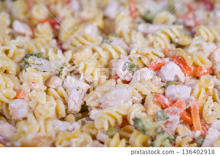 Bright vegetable pasta salad. Vibrant fusilli paired with fresh vegetables. Lively pasta mixture with crisp vegetables and citrus herb sauce for outdoor picnics Bright vegetable pasta salad. Vibrant fusilli paired with fresh vegetables. Lively pasta mixture with crisp vegetables and citrus herb sauce for outdoor picnics 136402918