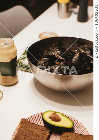 Freshly Cooked Mussels with Avocado and Bread 136402933