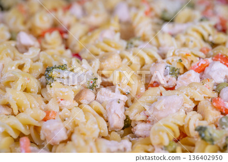 Studio shot emphasizing spiral shapes and sauce texture in detail. Detailed macro image showcasing creamed fusilli spiral pasta with grated garnish under studio lighting Studio shot emphasizing spiral shapes and sauce texture in detail. Detailed macro image showcasing creamed fusilli spiral pasta with grated garnish under studio lighting 136402950