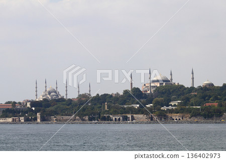 Sillhouette of Istanbul at sunset.  Ramadan time with the muslim city istanbul silhouette 136402973
