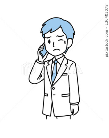 Illustration material of a male medical professional in a white coat making an unpleasant phone call on his smartphone Illustration material of a male medical professional in a white coat making an unpleasant phone call on his smartphone 136403078