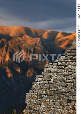 Closeup of Antique Stone Fortress Walls at Borsh Castle 136403113