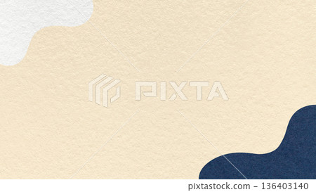Beige textured paper background with dark blue white fluid blob corner shapes and copy space for banner, presentation 136403140