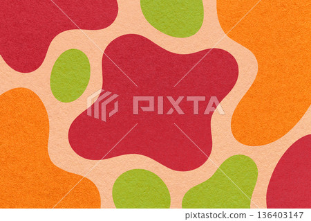Abstract green red orange paper texture background with amorphous fluid blob shapes and spots in flat organic design Abstract green red orange paper texture background with amorphous fluid blob shapes and spots in flat organic design 136403147