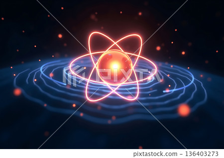 原子模型圖像，黑色背景上的原子核和電子軌道，科學插圖，人工智慧 136403273