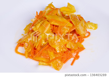 Probiotic kimchi style cabbage and carrot, light crunchy mouthfeel, nutritious fiber rich side with sesame notes, vibrant color for plantbased mealprep and wellness photography 136403289