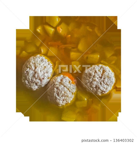 Traditional homemade meat dumpling soup in rustic bowl. High quality photo Traditional homemade meat dumpling soup in rustic bowl. High quality photo 136403302