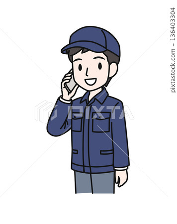 插畫素材:一名身穿工作服、頭戴帽子的男子正在用智慧型手機打電話 插畫素材:一名身穿工作服、頭戴帽子的男子正在用智慧型手機打電話 136403304