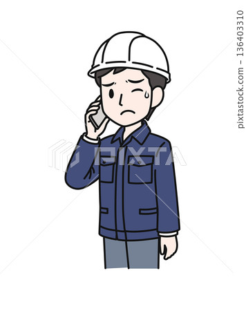 Illustration material of a man in work clothes wearing a helmet making unpleasant phone calls on his smartphone 136403310