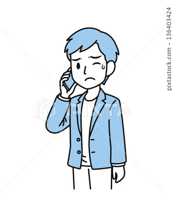 插畫素材：一位穿著休閒的男士正在用智慧型手機撥打一個令人不快的電話。 136403424