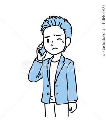 插畫素材：一位穿著休閒的男士正在用智慧型手機撥打一個令人不快的電話。 136403425