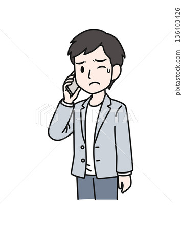 插畫素材：一位穿著休閒的男士正在用智慧型手機撥打一個令人不快的電話。 136403426
