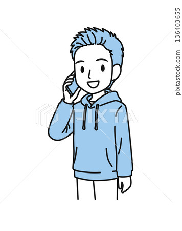 Illustration material of a man in casual clothes making a phone call on his smartphone Illustration material of a man in casual clothes making a phone call on his smartphone 136403655