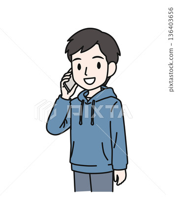 Illustration material of a man in casual clothes making a phone call on his smartphone Illustration material of a man in casual clothes making a phone call on his smartphone 136403656