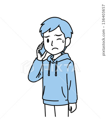 插畫素材：一名身著休閒裝的男子正在用智慧型手機撥打一個令人不快的電話。 136403657