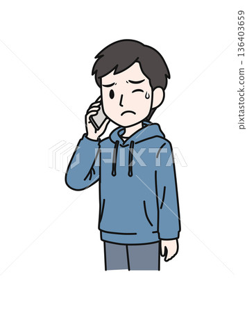 插畫素材:一名身著休閒裝的男子正在用智慧型手機撥打一個令人不快的電話。 插畫素材:一名身著休閒裝的男子正在用智慧型手機撥打一個令人不快的電話。 136403659