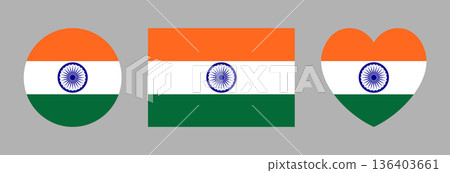 India flag buttons, icons. National flag of India heart, rectangular, round signs, symbols. Heart, Circle, rectangle flag of India badges. 136403661