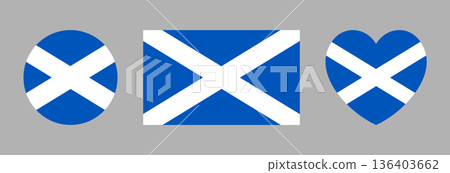 Scotland rectangular, round, heart flag set. Scottish circle, rectangle, heart symbols. Flag button, banner, icon, background. National sign badges. Scotland rectangular, round, heart flag set. Scottish circle, rectangle, heart symbols. Flag button, banner, icon, background. National sign badges. 136403662