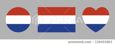 Dutch flag circle, heart, rectangle icons. Round, heart, rectangular flag of Netherlands banners. Set of button, badge Holland flag. 136403663